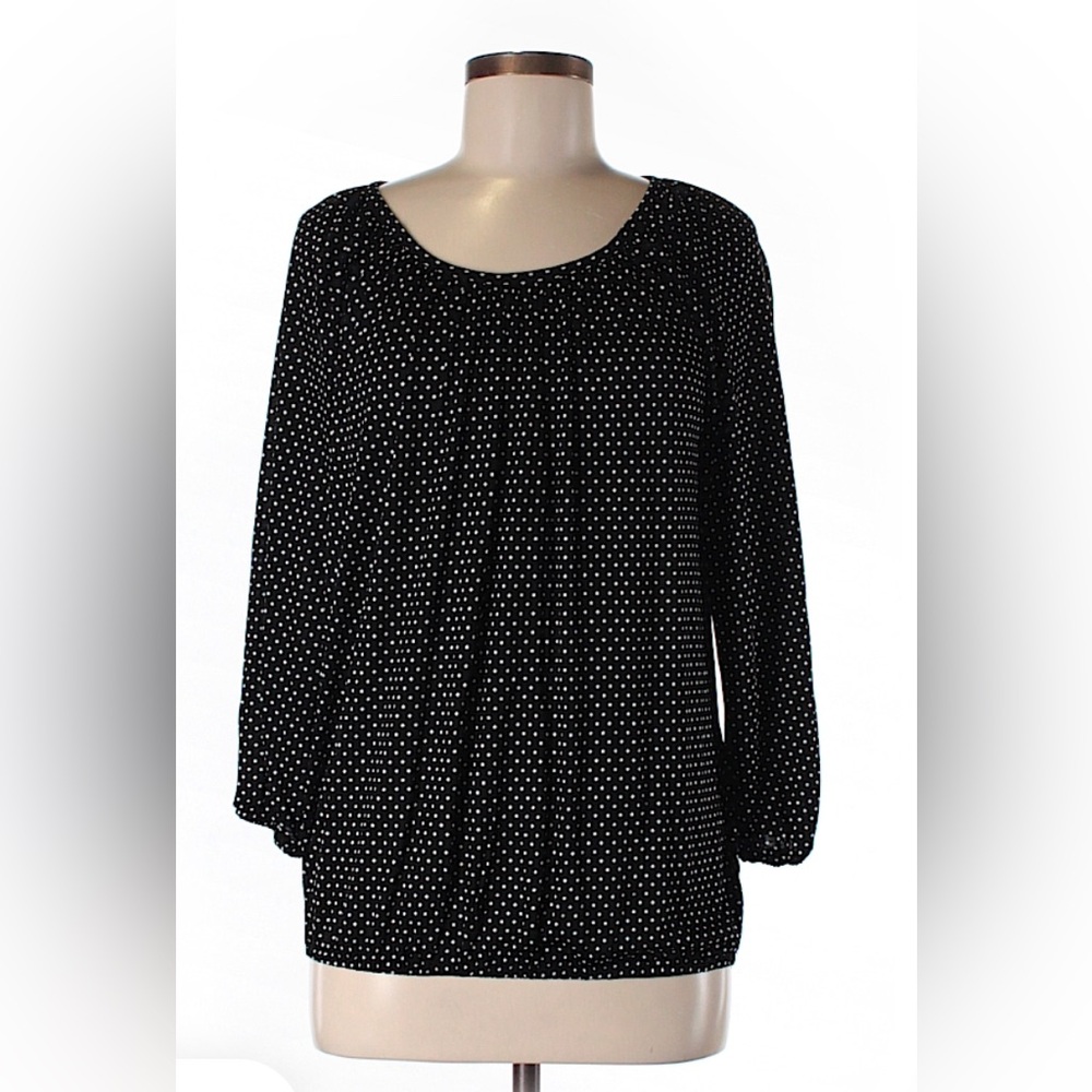 🌻 2/$10 Michael Kors Black Polka Dot 3/4 Elastic Sleeve Waist Viscose Top sm